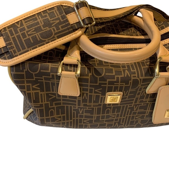 Diane Von Furstenberg DVF Brown Tan Leather Monogram Travel  Duffel Bag Tote - Picture 4 of 13